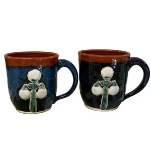 Studio Artist Pottery Lamp Post Pair Coffee Mugs Stamped Handmade Blue Brown